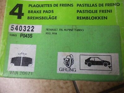 n°gd358 jeu plaquette av renault r12 r18 r5 alpine 540322 valeo neuf DPA86