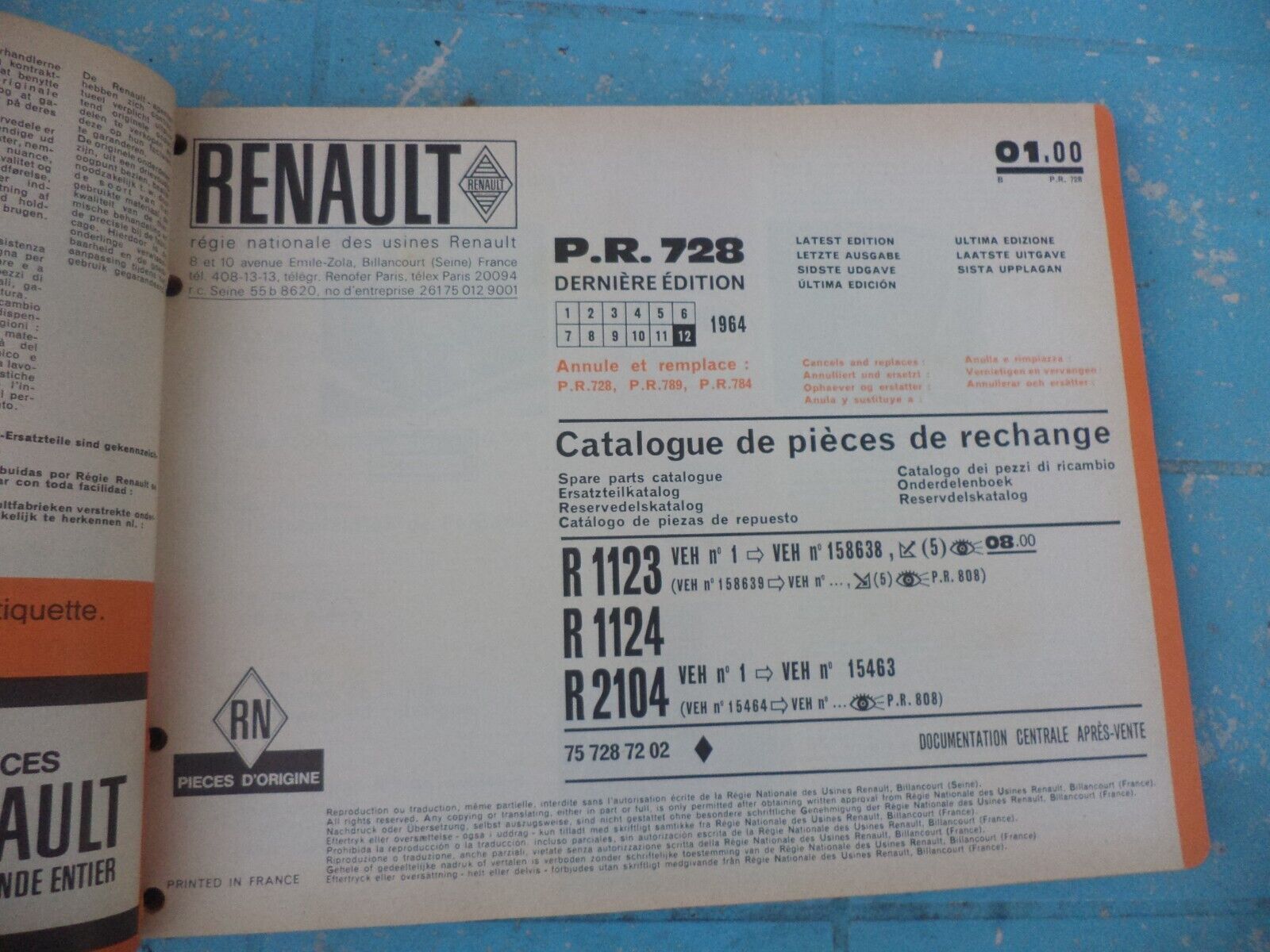 n°rt12 catalogue PR728 renault r4 4L DPA86
