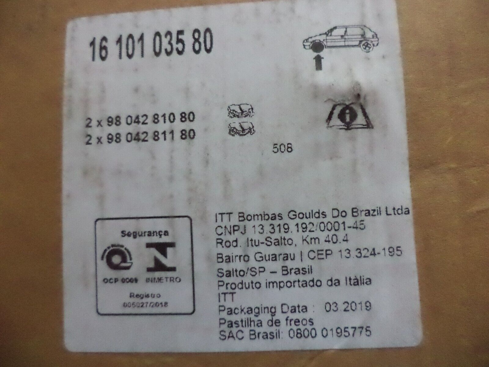 n°pb126 jeu plaquette av peugeot 508 1610103580 neuf DPA86