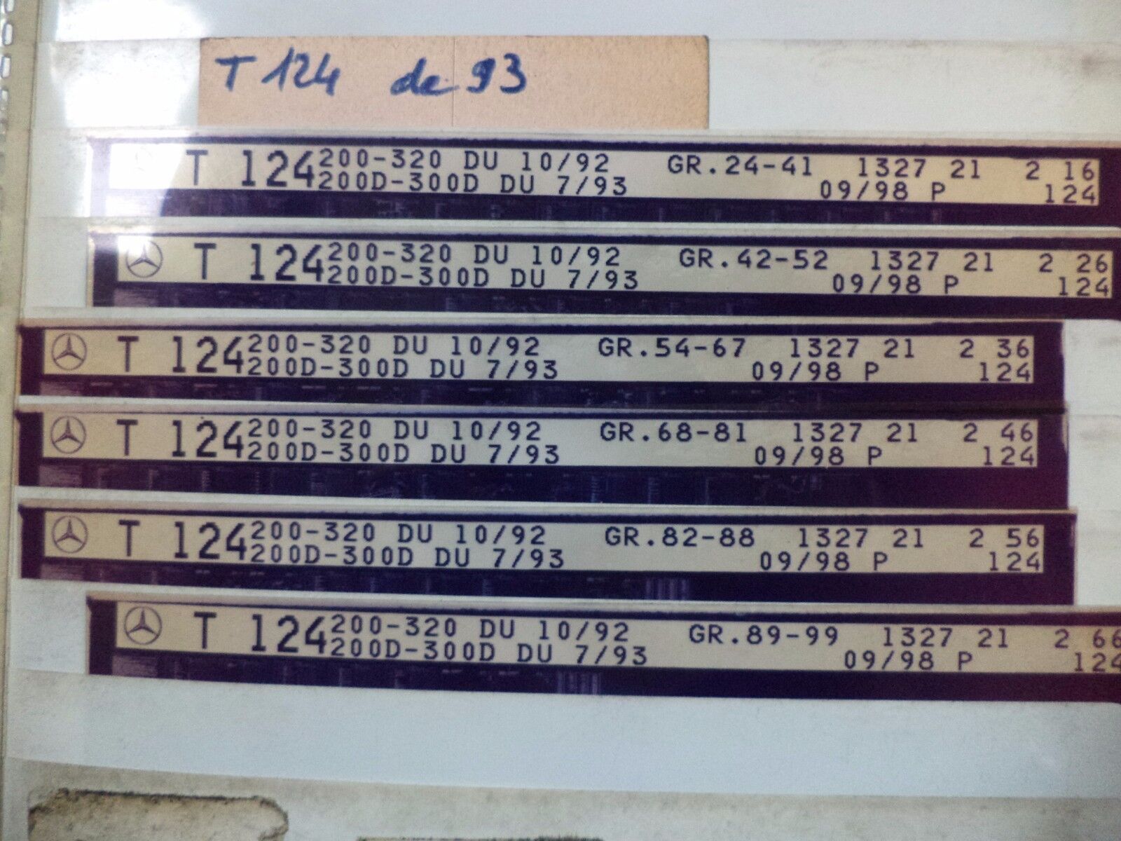 n°e603 lot 6 microfiche mercedes t124 a partir 10/1992 DPA86