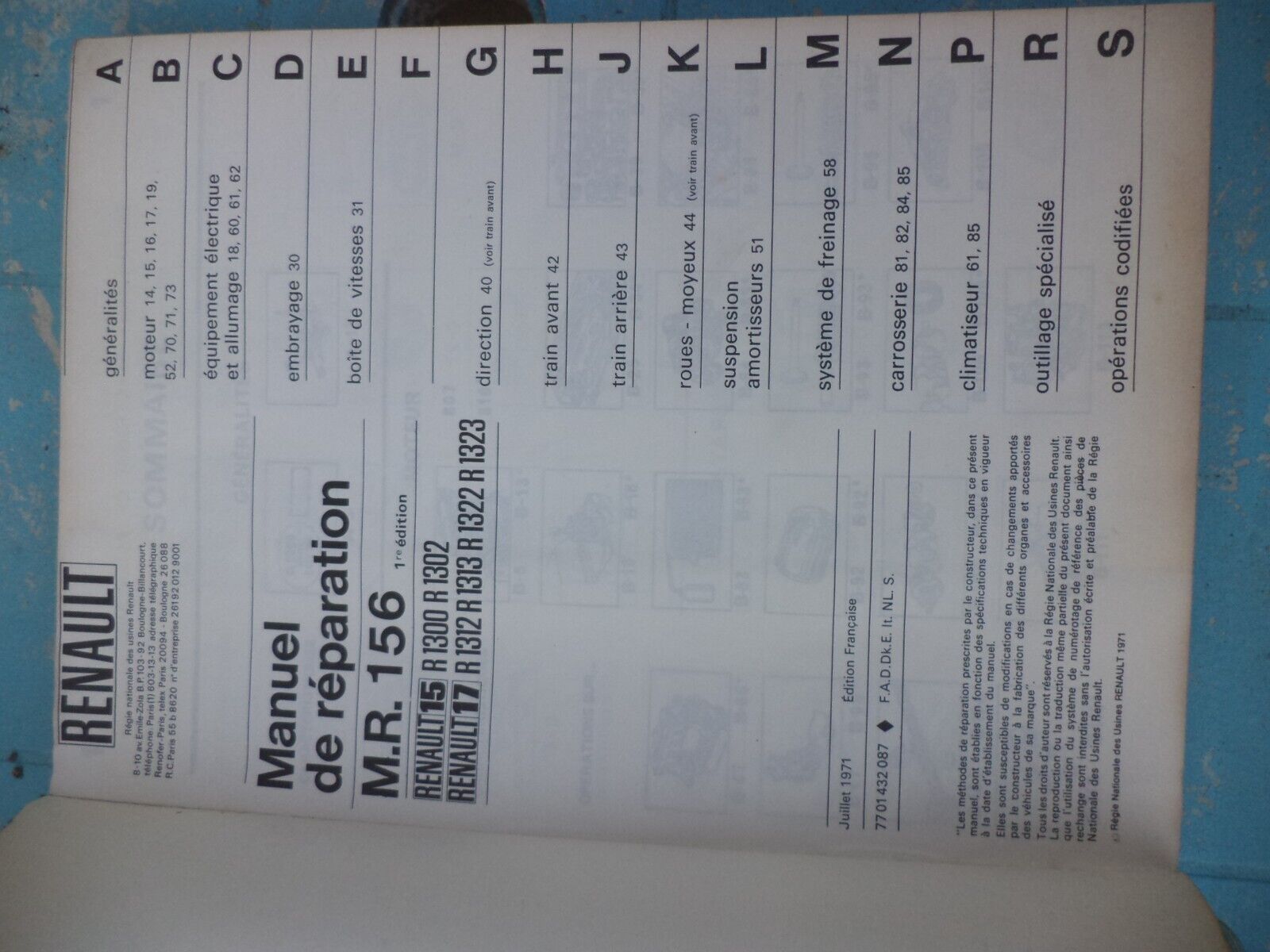 n°rt3 catalogue MR156 renault R15 R17 DPA86